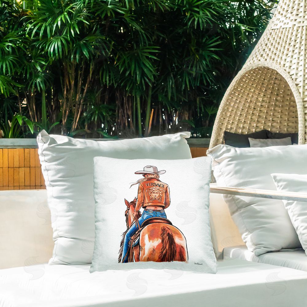 Amanda Greenwood Glam Cowgirl Jockey Outdoor Quick-Dry Polyester Printed Throw Pillow in Back Yard