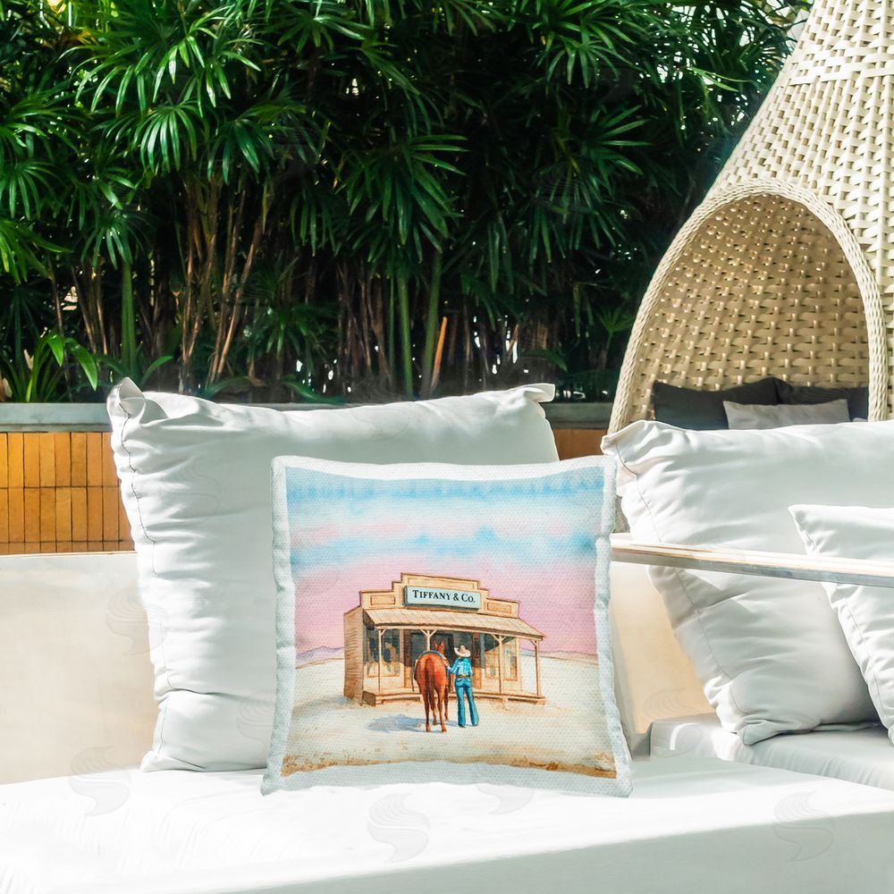 Amanda Greenwood Fashionista Cowgirl in Desert Outdoor Quick-Dry Polyester Printed Throw Pillow in Back Yard