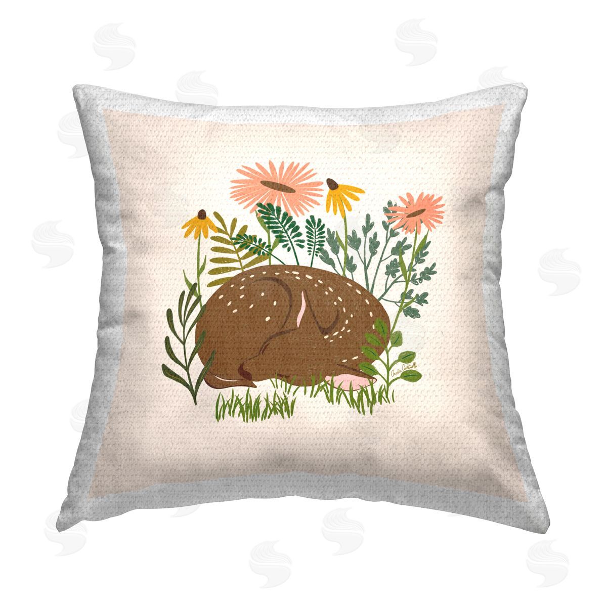 Carrie Cantwell Sleeping Deer Among Daisies Outdoor Quick-Dry Polyester Printed Throw Pillow