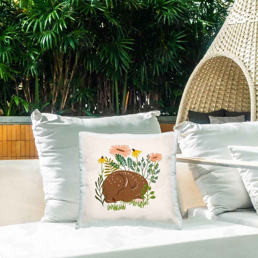 Carrie Cantwell Sleeping Deer Among Daisies Outdoor Quick-Dry Polyester Printed Throw Pillow in Back Yard