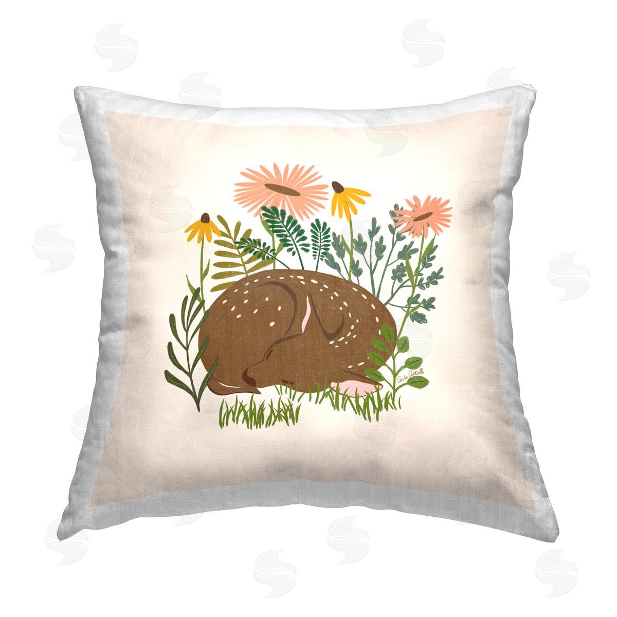 Carrie Cantwell Sleeping Deer Among Daisies Printed Plush Polyester Throw Pillow