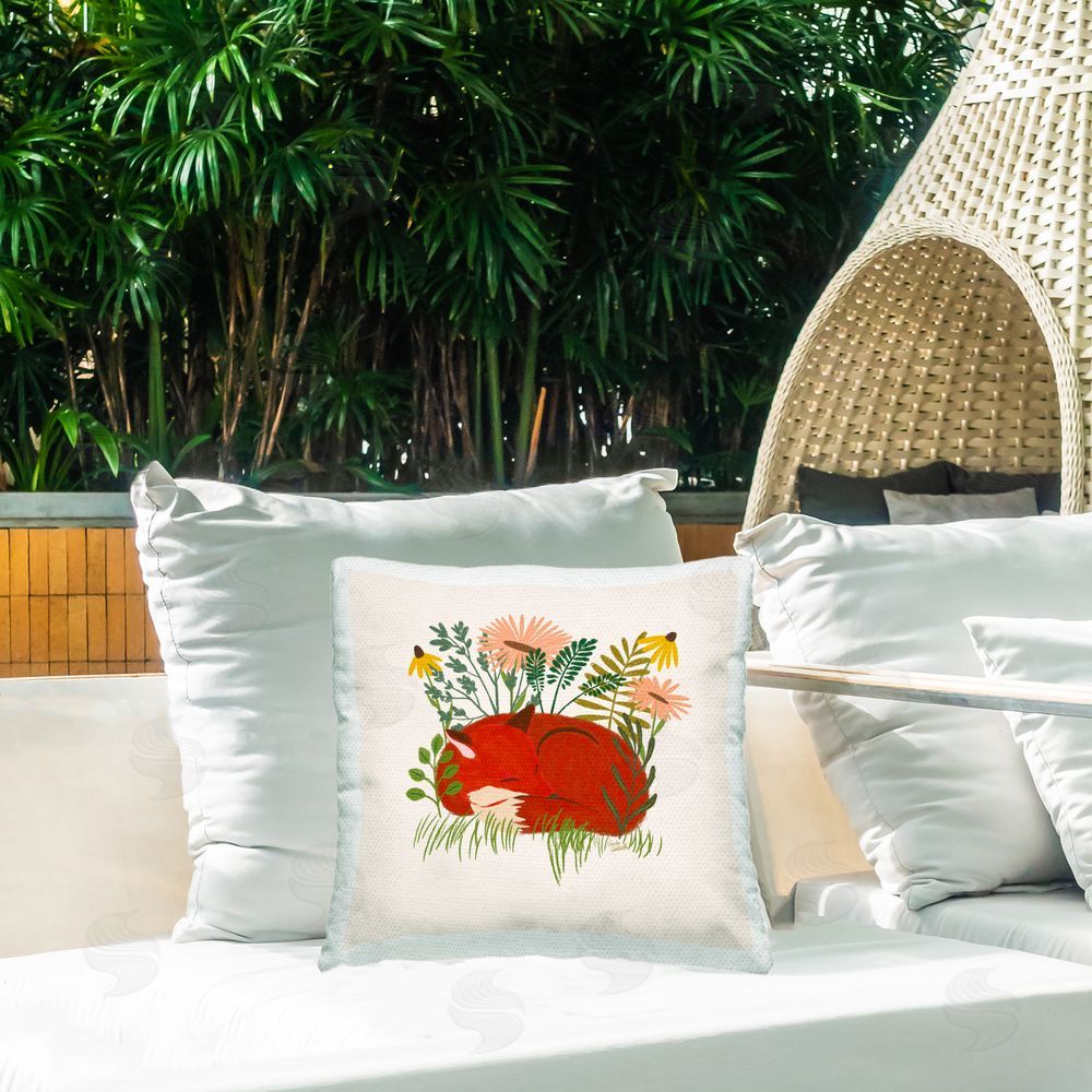 Carrie Cantwell Sleeping Fox Among Daisies Outdoor Quick-Dry Polyester Printed Throw Pillow in Back Yard