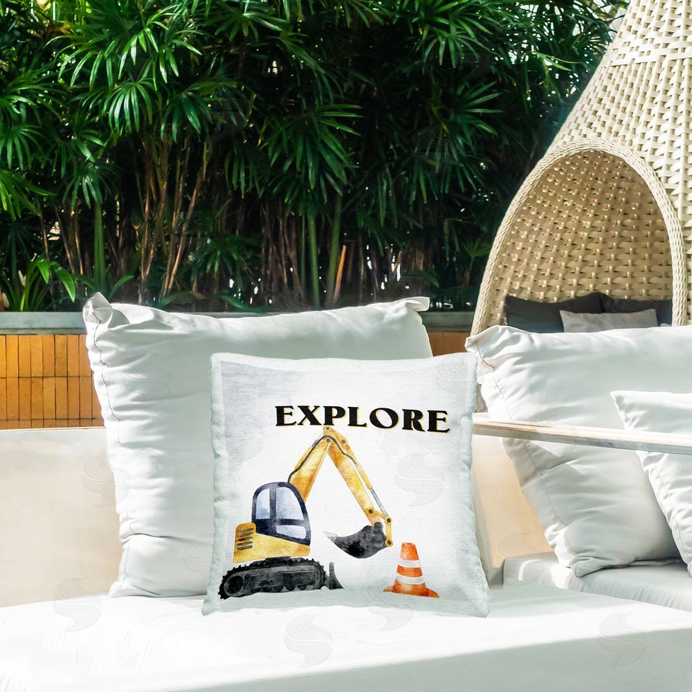 Kim Allen Explore Construction Vehicle Outdoor Quick-Dry Polyester Printed Throw Pillow in Back Yard