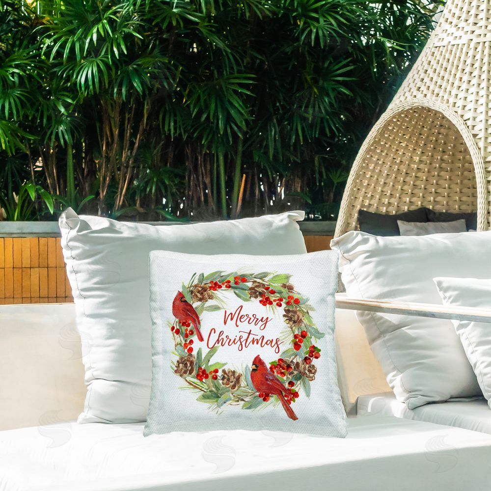 Sally Swatland Cardinals & Merry Christmas Outdoor Quick-Dry Polyester Printed Throw Pillow in Back Yard