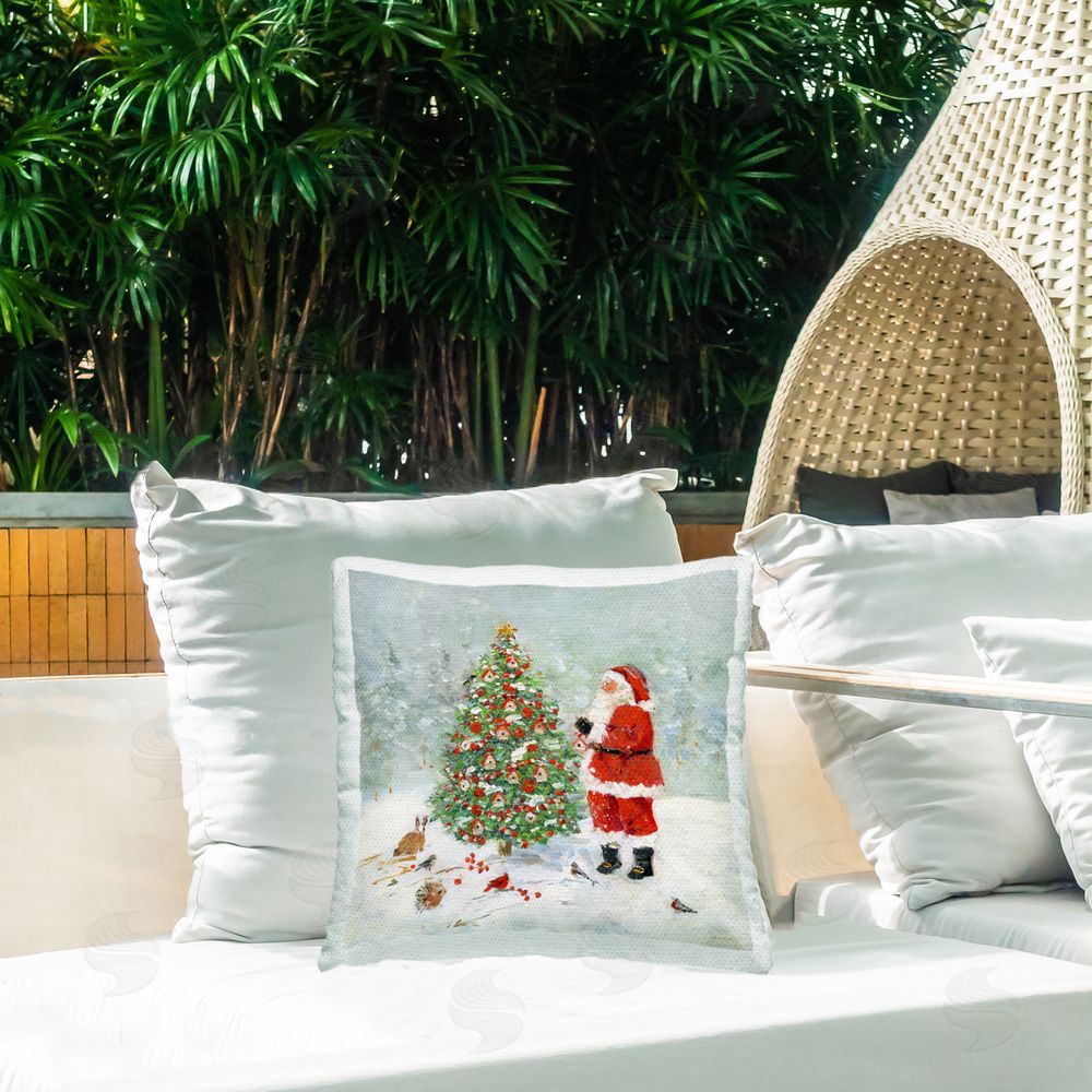 Sally Swatland Santa with Birdhouse Tree Outdoor Quick-Dry Polyester Printed Throw Pillow in Back Yard