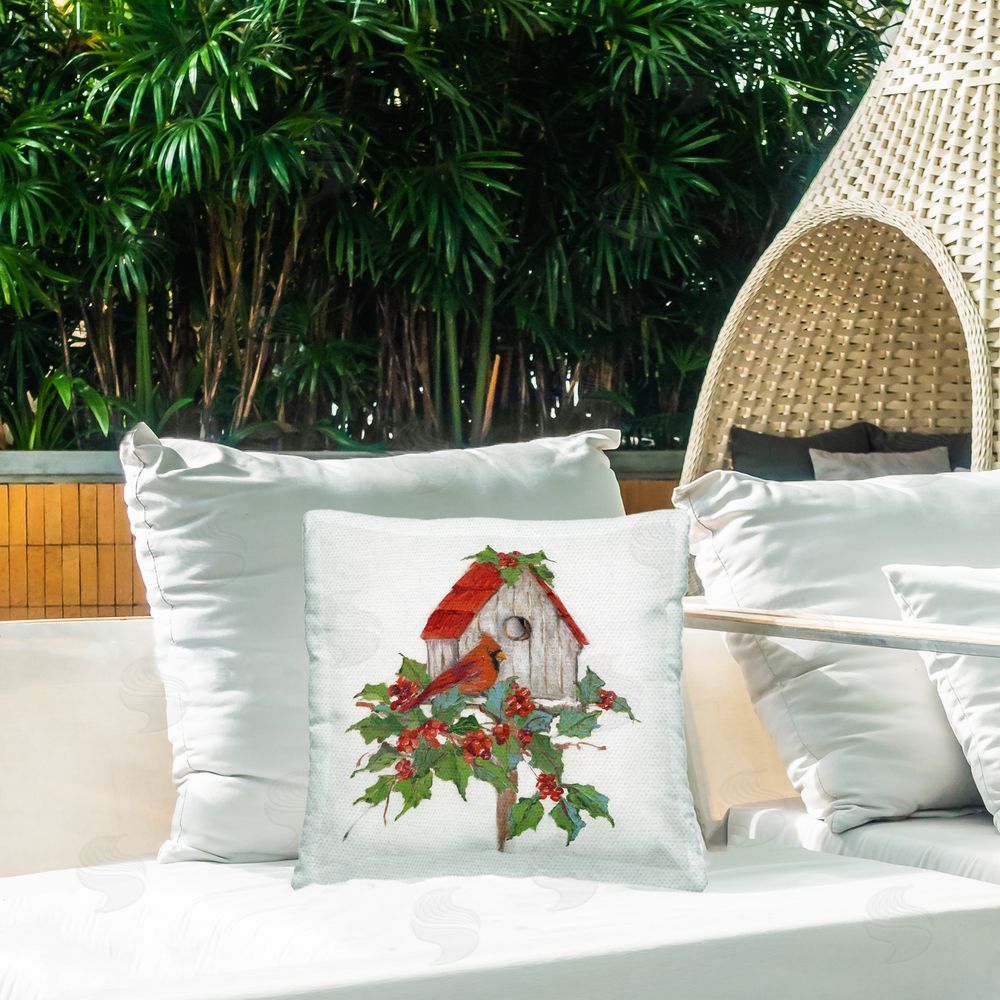 Sally Swatland Winter Plants & Birdhouse Outdoor Quick-Dry Polyester Printed Throw Pillow in Back Yard