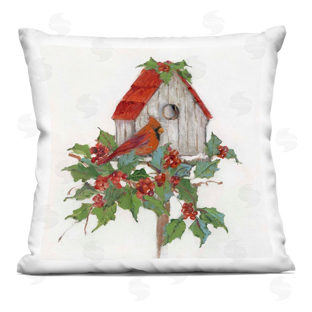 Sally Swatland Winter Plants & Birdhouse Printed Plush Polyester Throw Pillow
