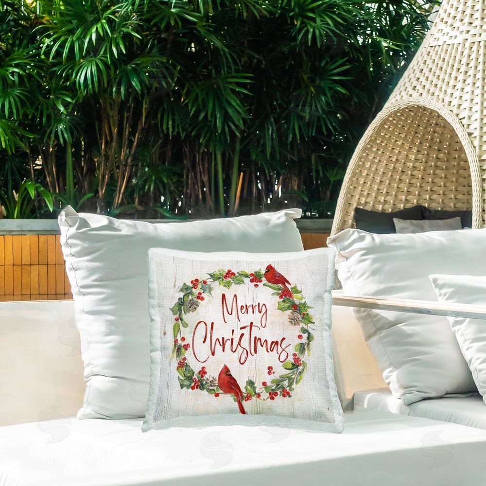 Sally Swatland Christmas Seasonal Wreath Outdoor Quick-Dry Polyester Printed Throw Pillow in Back Yard