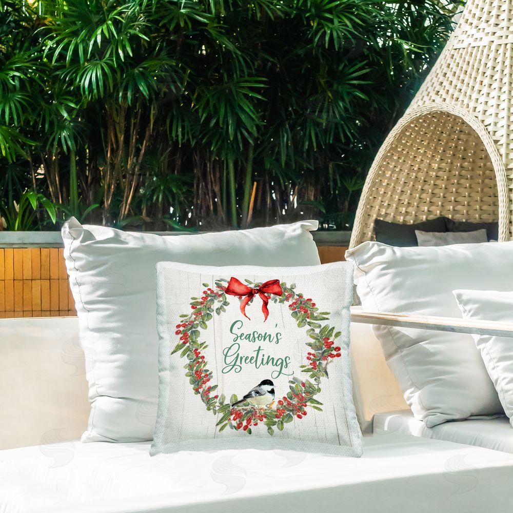 Sally Swatland Season's Greetings Wreath Outdoor Quick-Dry Polyester Printed Throw Pillow in Back Yard