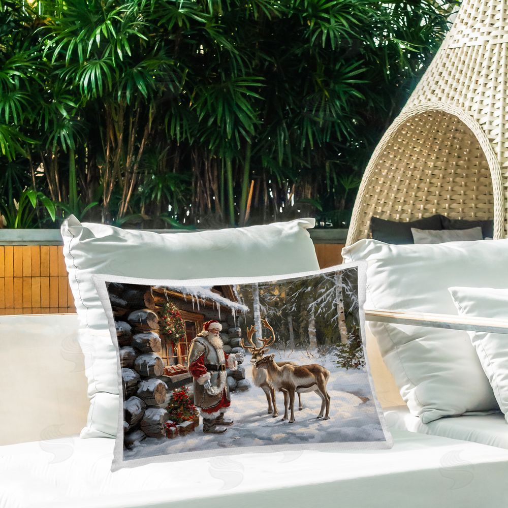 Imagine It Images Santa's Cabin with Reindeer Outdoor Quick-Dry Polyester Printed Throw Pillow in Back Yard