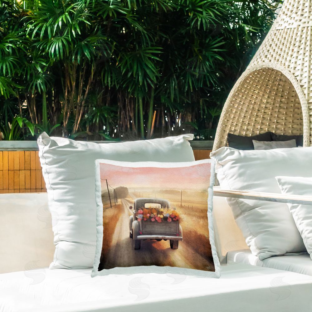 Elizabeth Medley Farmer's Road Floral Truck Outdoor Quick-Dry Polyester Printed Throw Pillow in Back Yard
