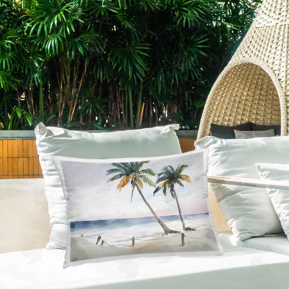 Karin Lind Two Palms by Ocean Outdoor Quick-Dry Polyester Printed Throw Pillow in Back Yard