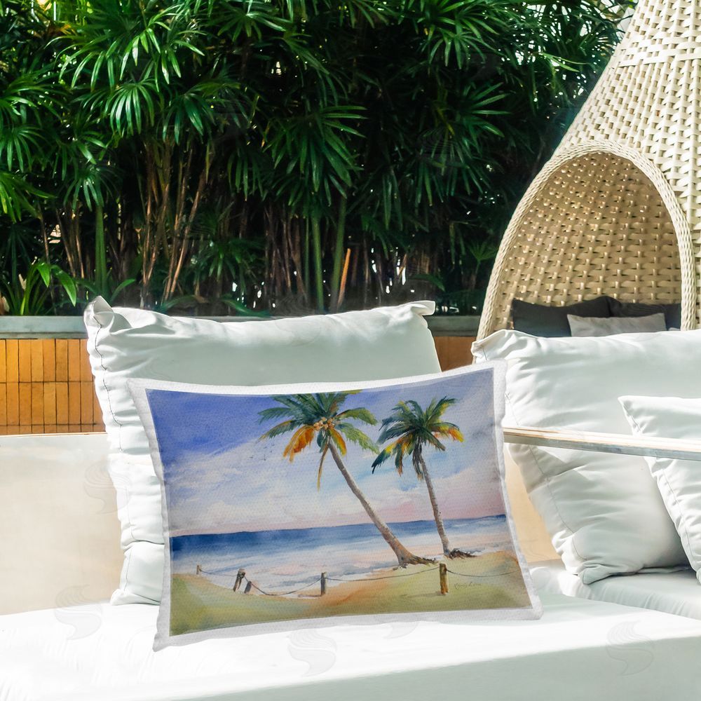 Karin Lind Two Palms Tropics View Outdoor Quick-Dry Polyester Printed Throw Pillow in Back Yard