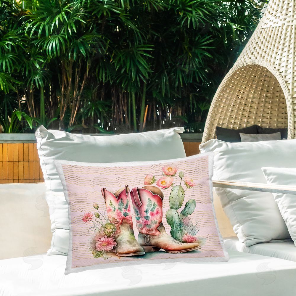 Lettered and Lined Country Boots with Cacti Outdoor Quick-Dry Polyester Printed Throw Pillow in Back Yard