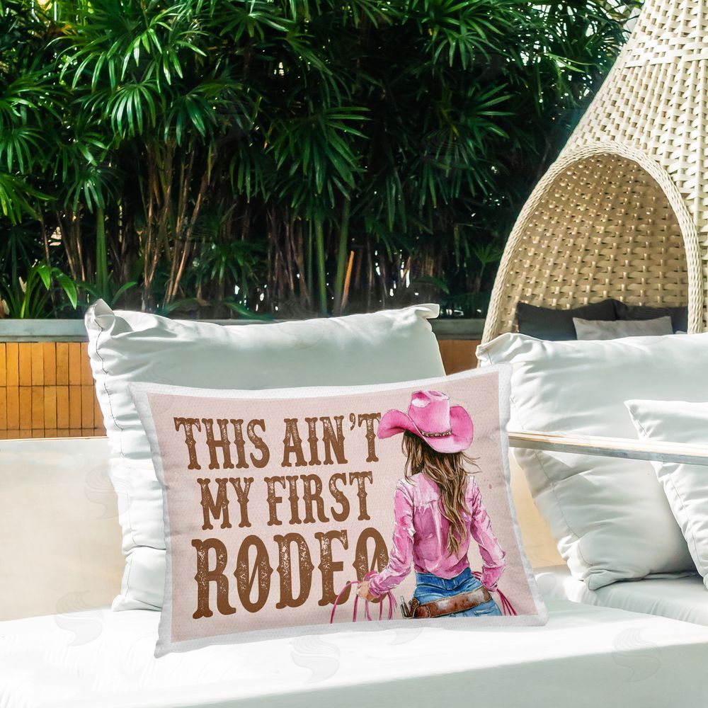 Lettered and Lined Ain't My First Rodeo Girl Outdoor Quick-Dry Polyester Printed Throw Pillow in Back Yard