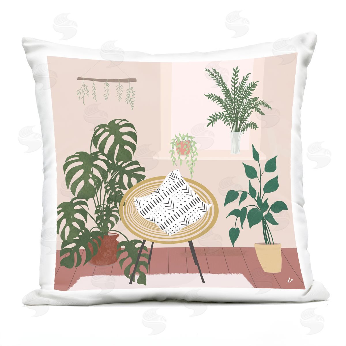 Lydia Orange Plant Filled Boho Space Outdoor Quick-Dry Polyester Printed Throw Pillow