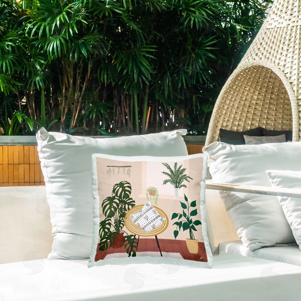 Lydia Orange Plant Filled Boho Space Outdoor Quick-Dry Polyester Printed Throw Pillow in Back Yard