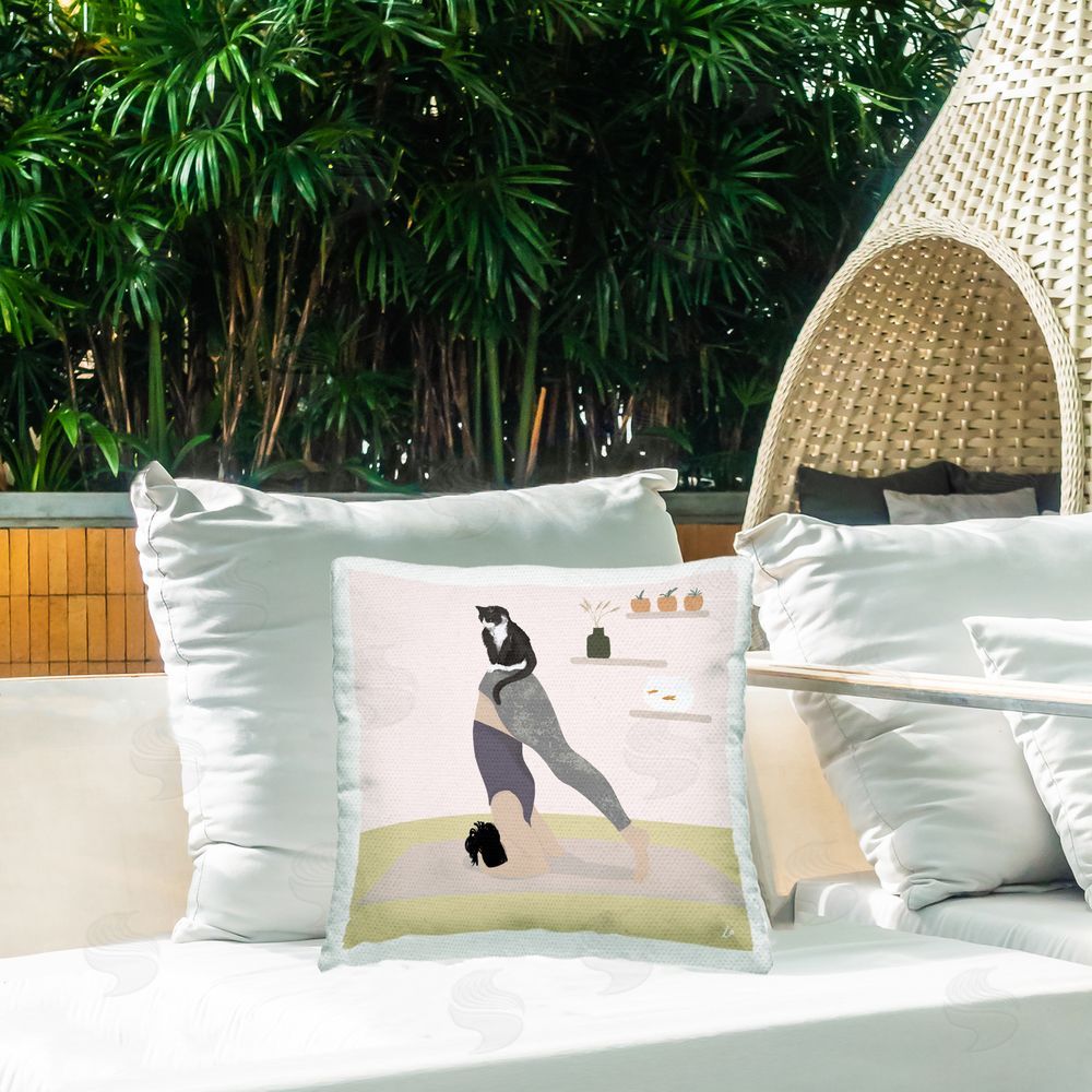 Lydia Orange Downward Cat Yoga Pose Outdoor Quick-Dry Polyester Printed Throw Pillow in Back Yard