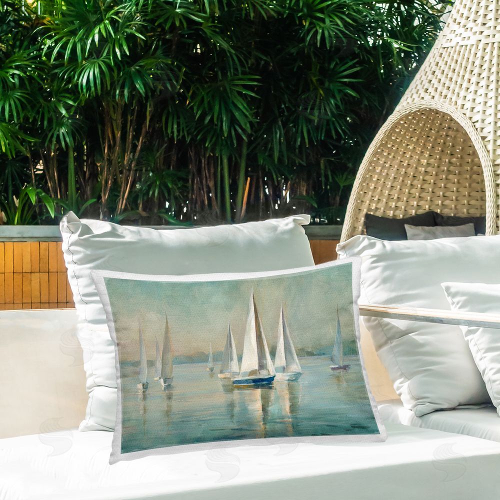 Danhui Nai Sunrise Sailboat Fleet Outdoor Quick-Dry Polyester Printed Throw Pillow in Back Yard