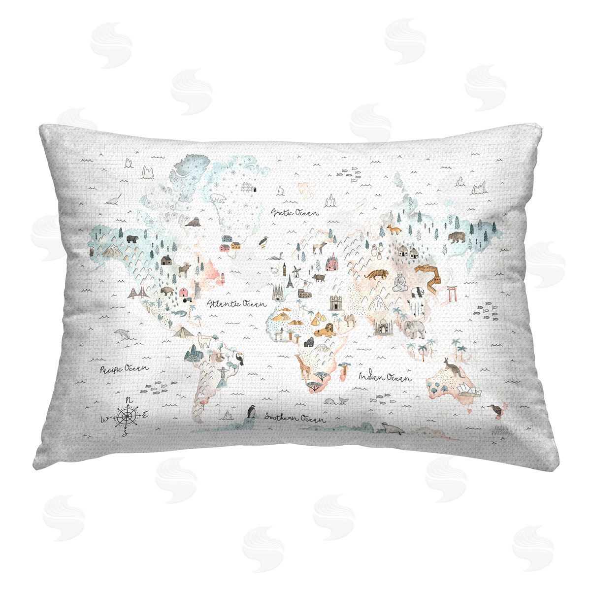 Laura Marshall Whimsical World Traveler Map Outdoor Quick-Dry Polyester Printed Throw Pillow