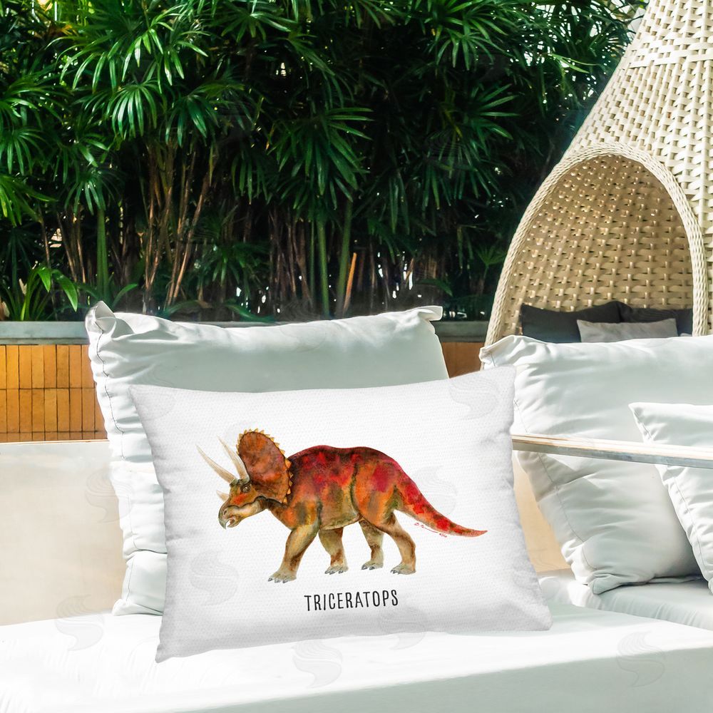 Brett Blumenthal Triceratops Dinosaur Learning Outdoor Quick-Dry Polyester Printed Throw Pillow in Back Yard