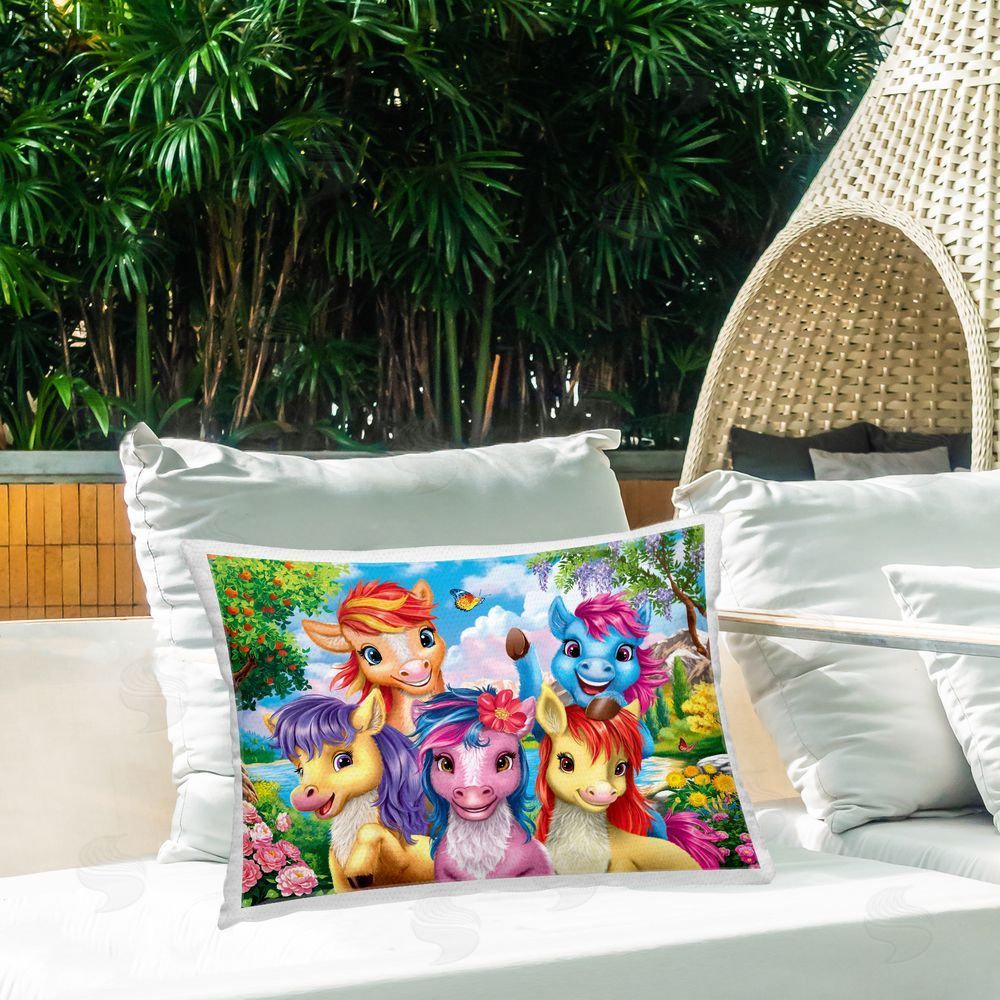 Image World Bright Ponies Selfie Outdoor Quick-Dry Polyester Printed Throw Pillow in Back Yard