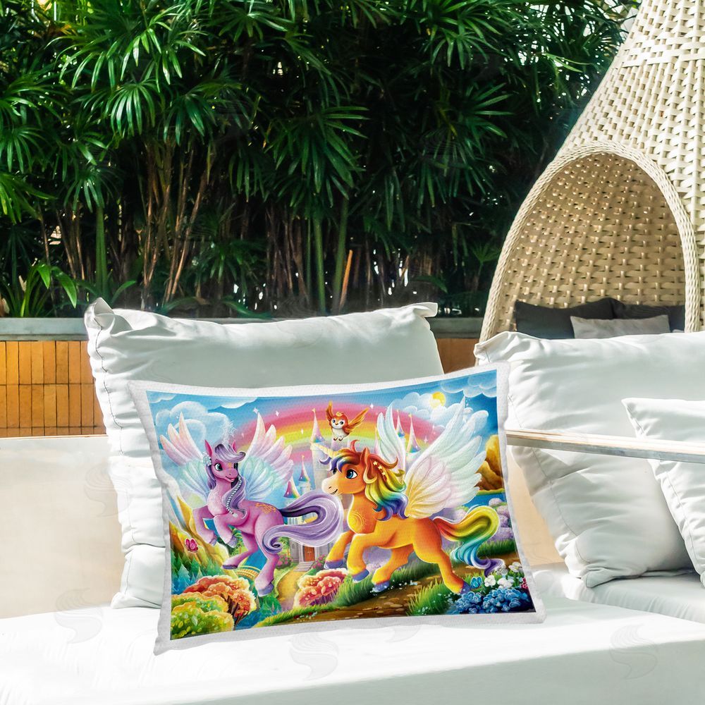 Image World Fluttering Unicorns & Rainbow Outdoor Quick-Dry Polyester Printed Throw Pillow in Back Yard