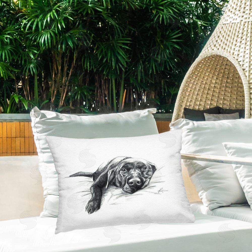 Lindsay Kivi Fine Art Naptime Black Labrador Outdoor Quick-Dry Polyester Printed Throw Pillow in Back Yard