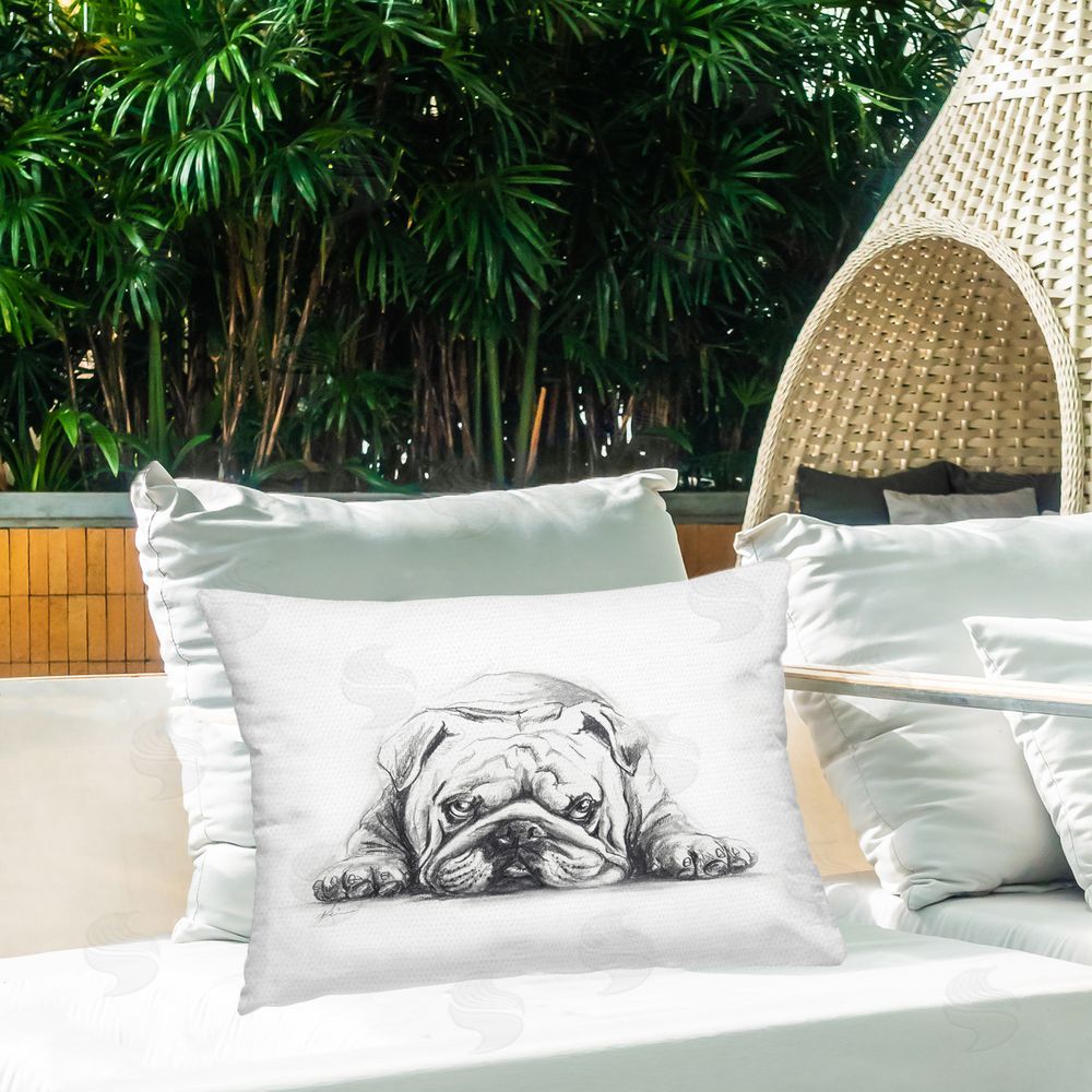 Lindsay Kivi Fine Art Bulldog Puppy Naptime Outdoor Quick-Dry Polyester Printed Throw Pillow in Back Yard