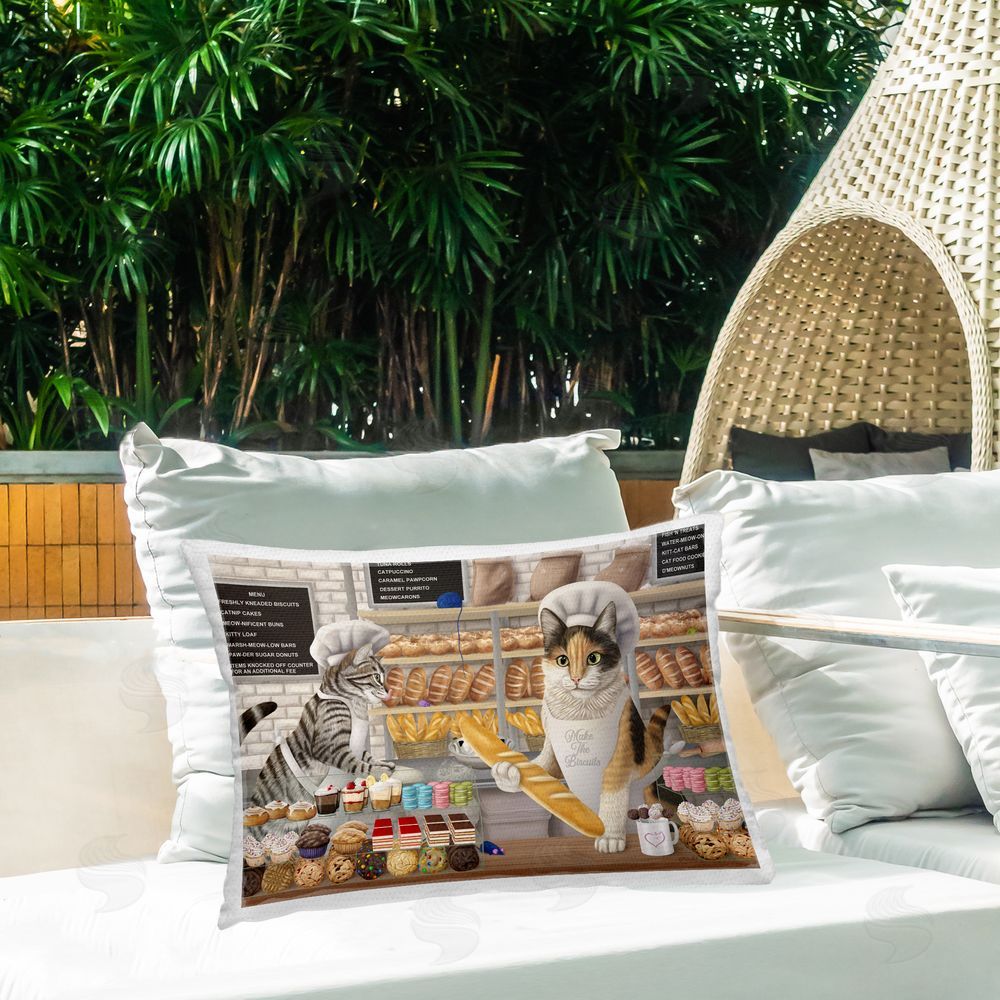 Mehu Art Meow Bakery Funny Cats Outdoor Quick-Dry Polyester Printed Throw Pillow in Back Yard