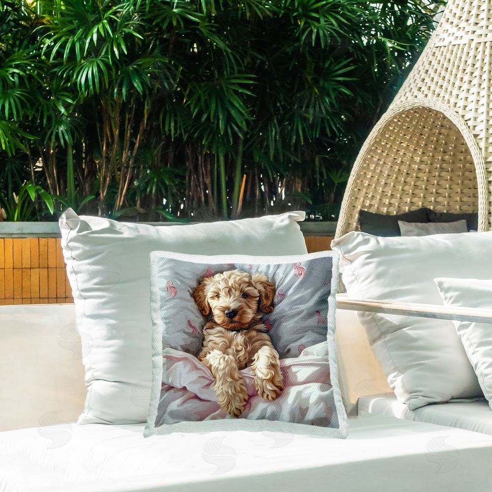 Jim Baldwin Nap Time Cuddling Labradoodle Outdoor Quick-Dry Polyester Printed Throw Pillow in Back Yard