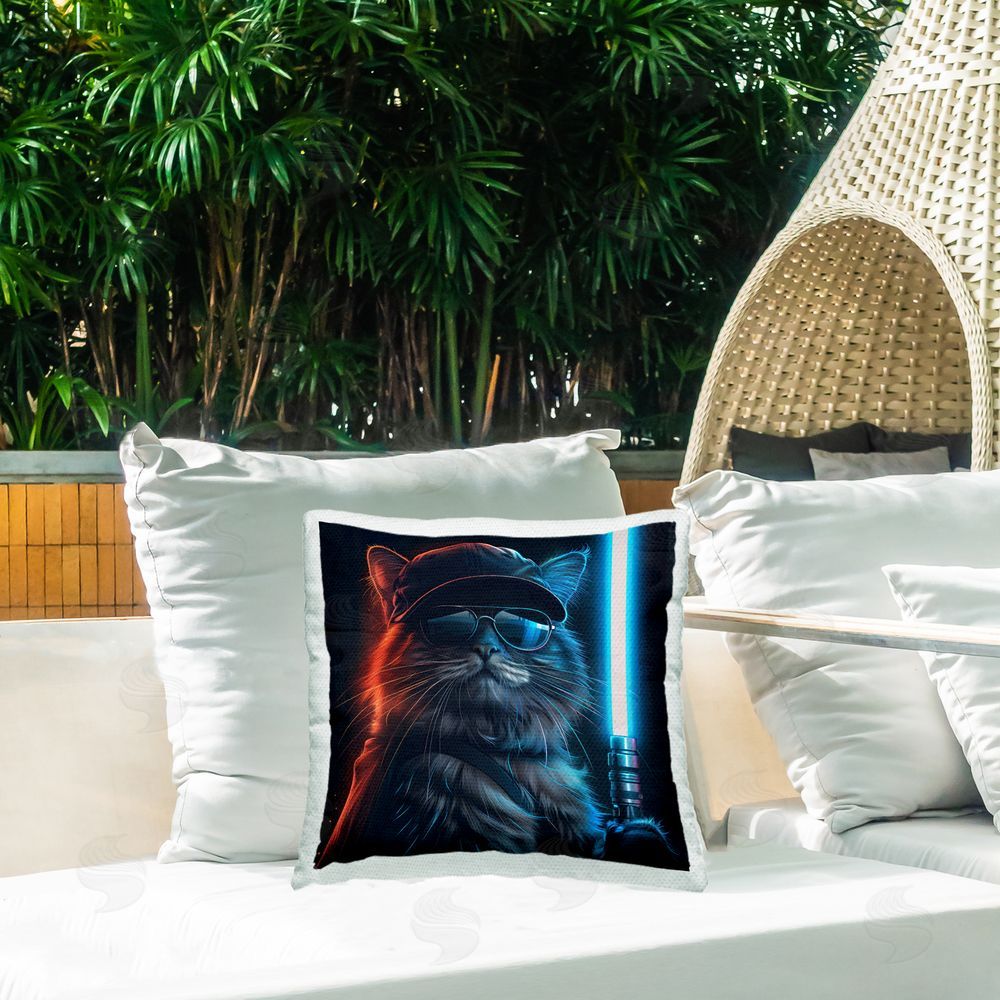 Jim Baldwin Sci-Fi Cat with Glowing Saber Outdoor Quick-Dry Polyester Printed Throw Pillow in Back Yard