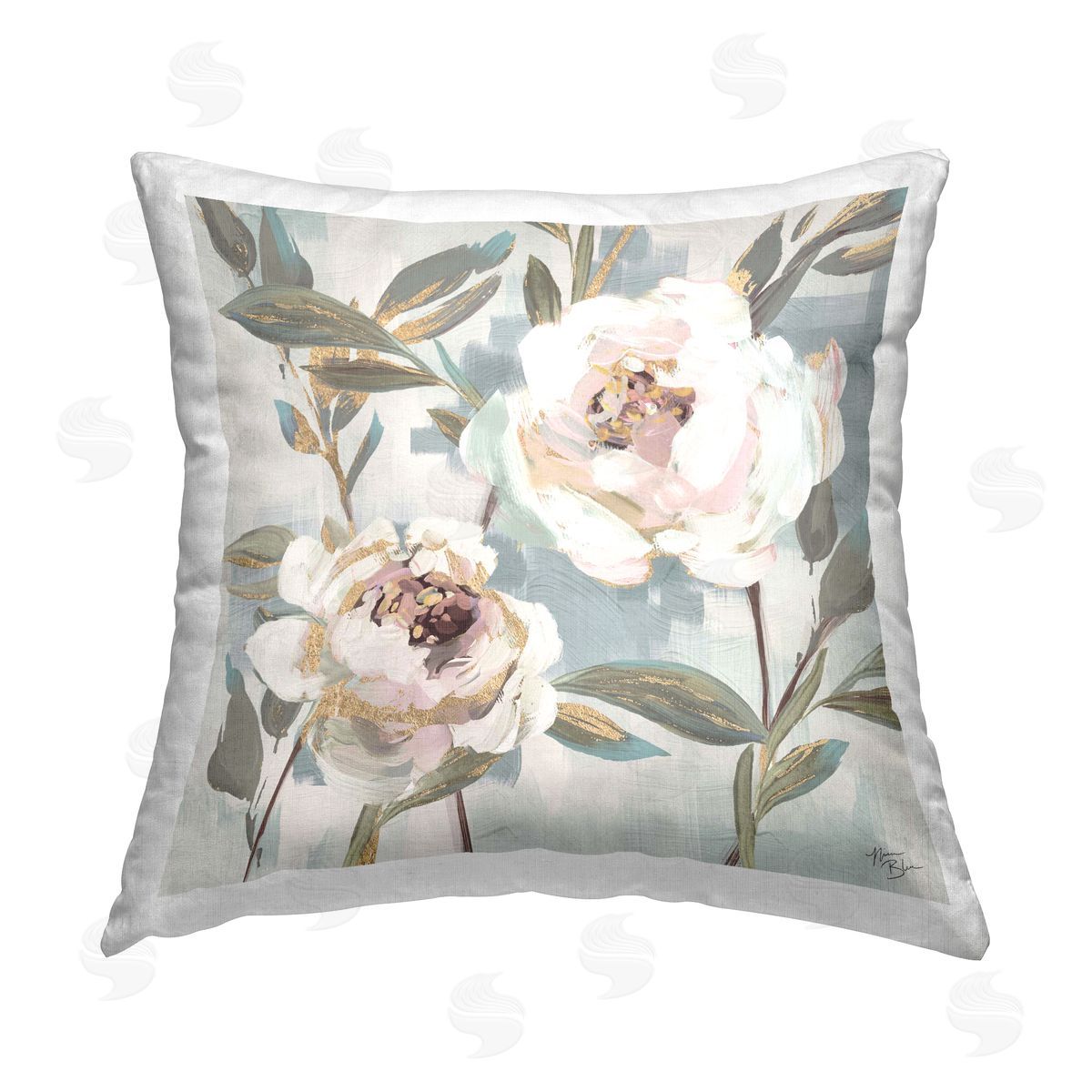 Nina Blue White Peony Duo Printed Plush Polyester Throw Pillow