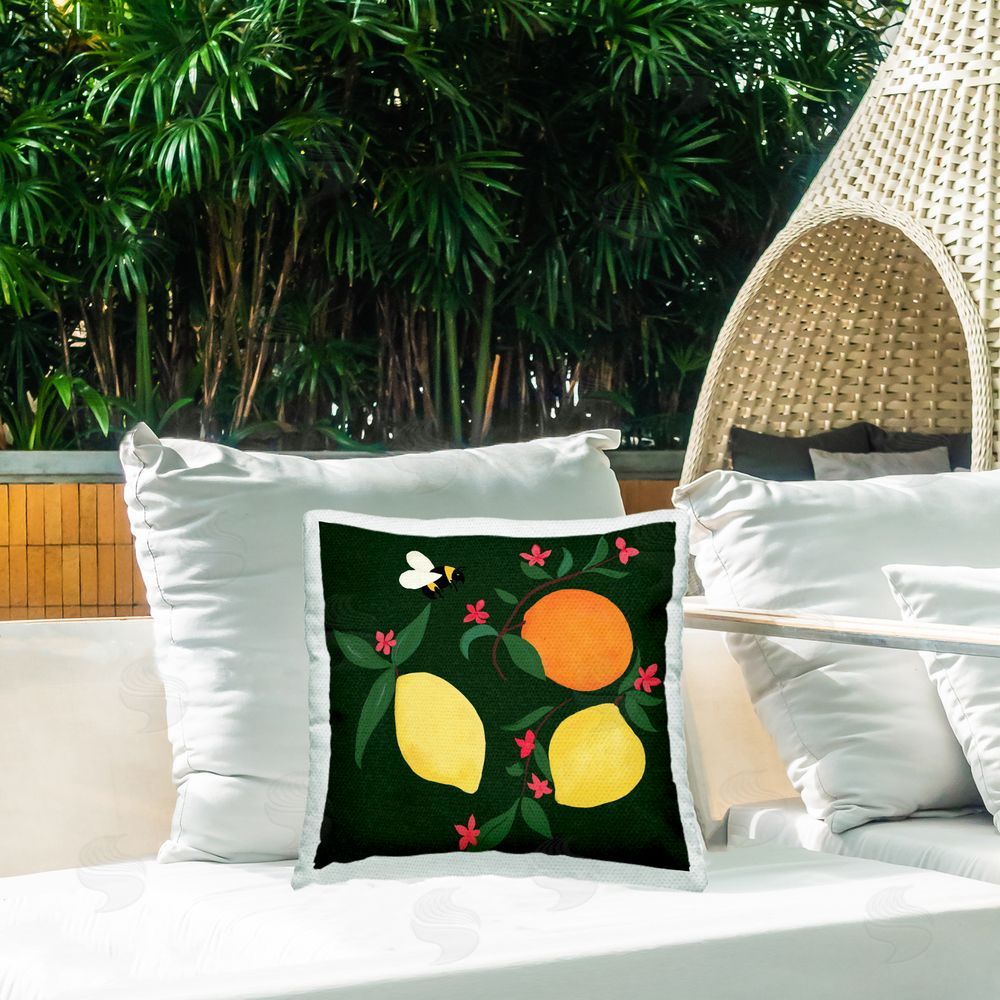 Michelle Ingari Designs Citrus & Bumble Bee Outdoor Quick-Dry Polyester Printed Throw Pillow in Back Yard