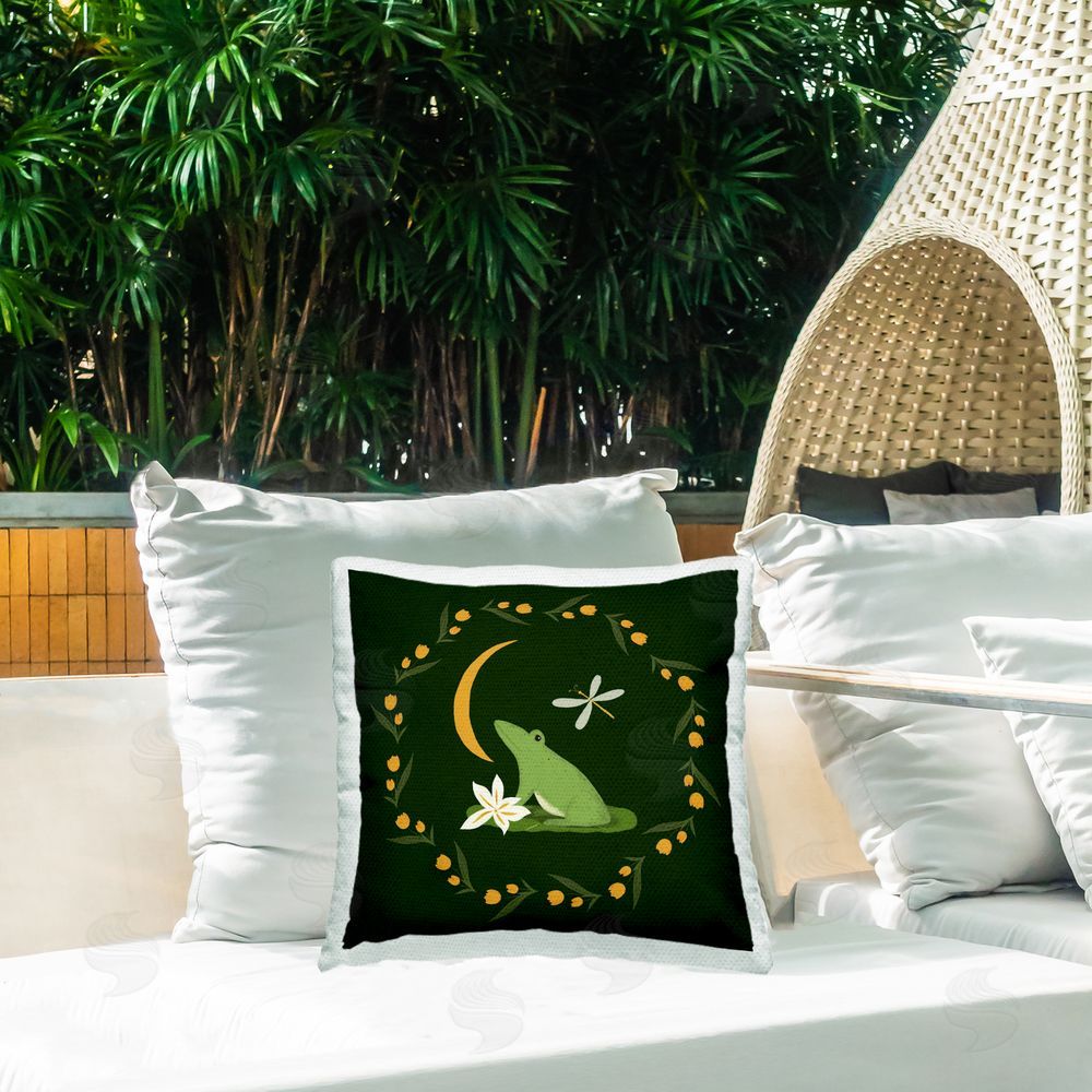 Michelle Ingari Designs Frog & Moon Garland Outdoor Quick-Dry Polyester Printed Throw Pillow in Back Yard