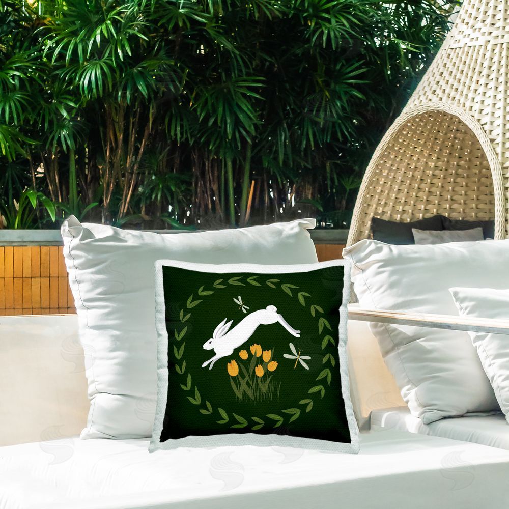 Michelle Ingari Designs Bunny Hopping in Wreath Outdoor Quick-Dry Polyester Printed Throw Pillow in Back Yard
