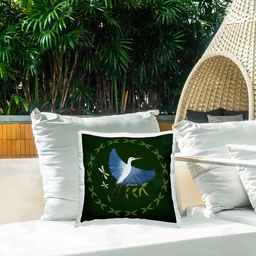 Michelle Ingari Designs Heron & Dragonflies Wreath Outdoor Quick-Dry Polyester Printed Throw Pillow in Back Yard