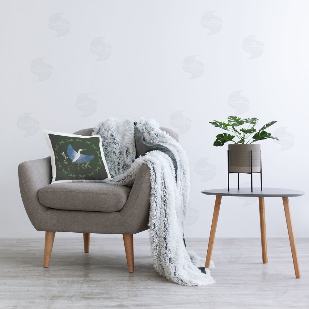 Michelle Ingari Designs Heron & Dragonflies Wreath Printed Plush Polyester Throw Pillow On Chair
