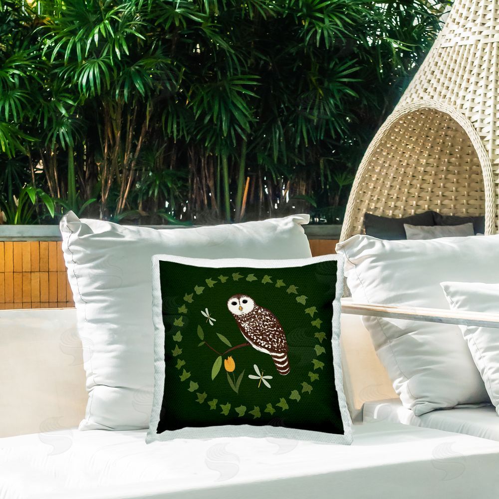 Michelle Ingari Designs Owl & Tulip Wreath Outdoor Quick-Dry Polyester Printed Throw Pillow in Back Yard
