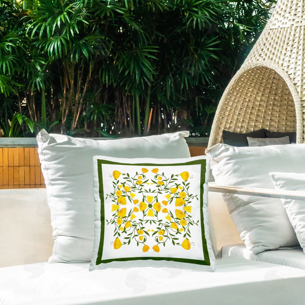 Michelle Ingari Designs Golden Blooms Symmetry Outdoor Quick-Dry Polyester Printed Throw Pillow in Back Yard