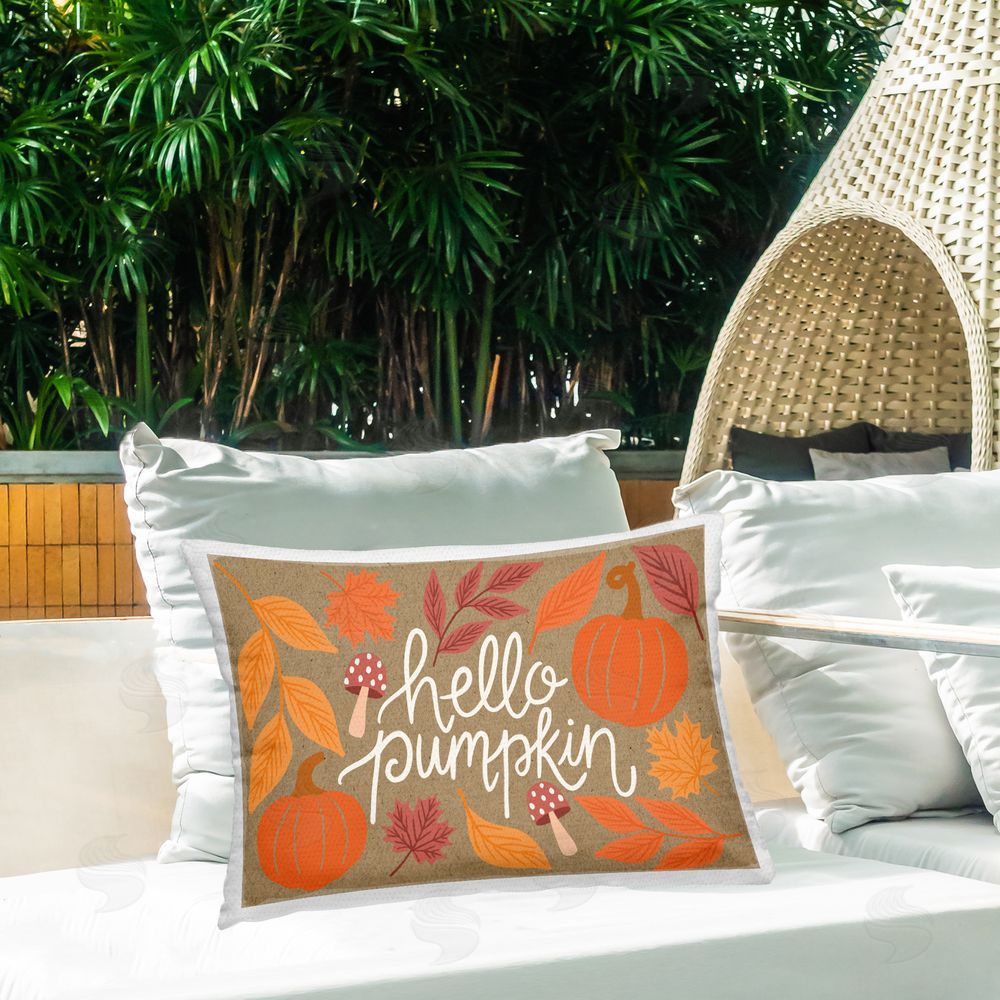 Taylor Shannon Designs Rustic Hello Pumpkin Outdoor Quick-Dry Polyester Printed Throw Pillow in Back Yard