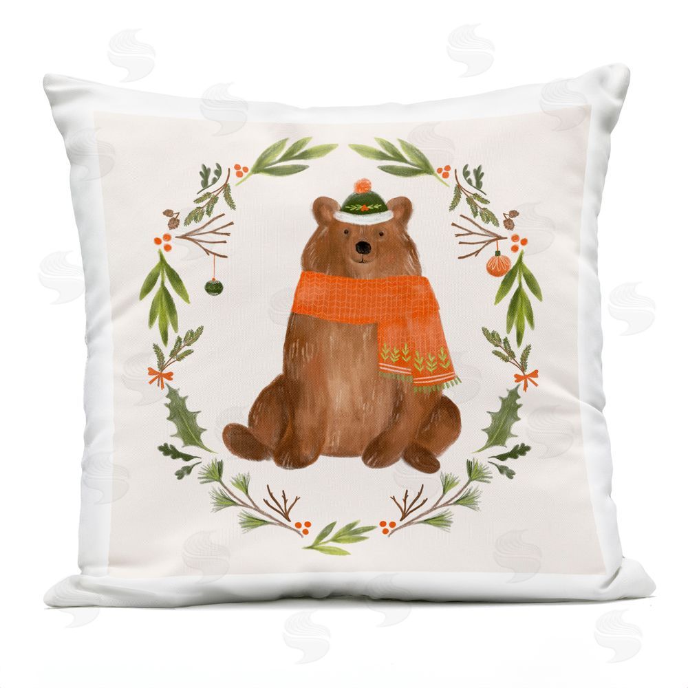 Laura Konyndyk Holiday Bear Wreaf Outdoor Quick-Dry Polyester Printed Throw Pillow