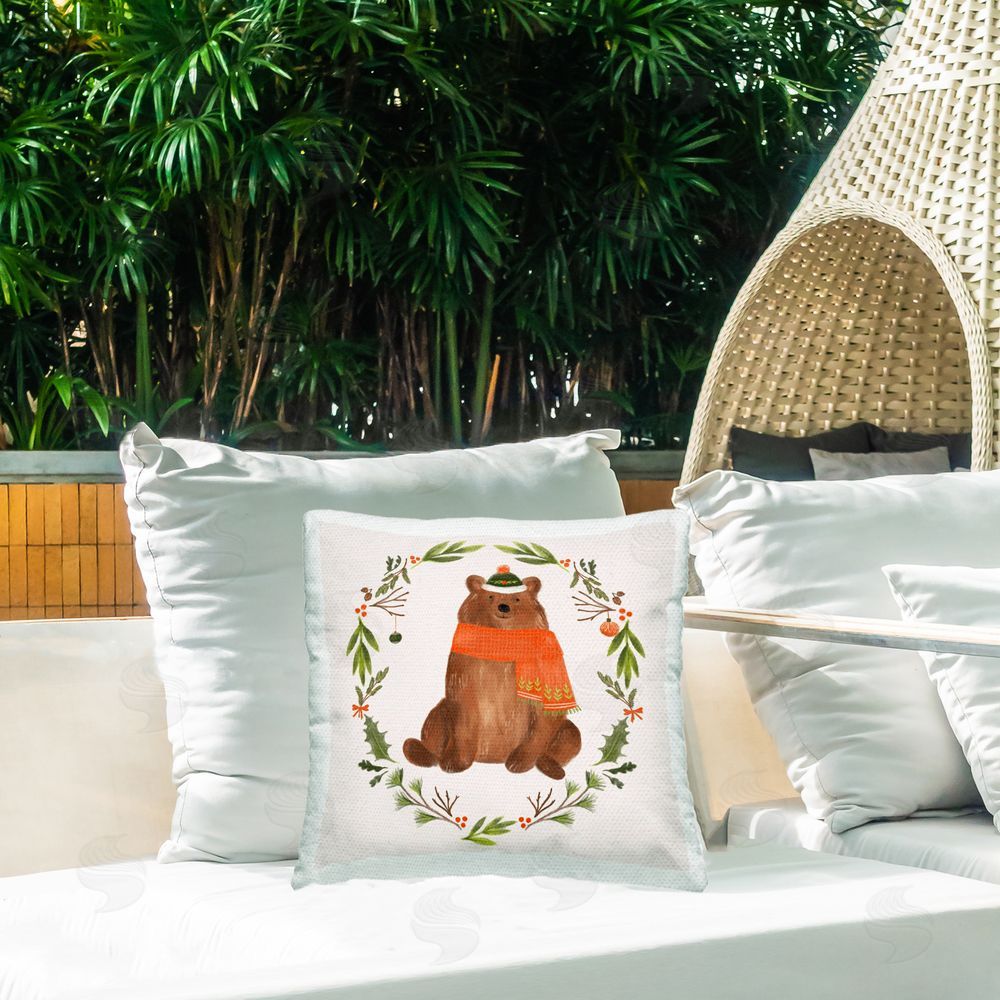 Laura Konyndyk Holiday Bear Wreaf Outdoor Quick-Dry Polyester Printed Throw Pillow in Back Yard