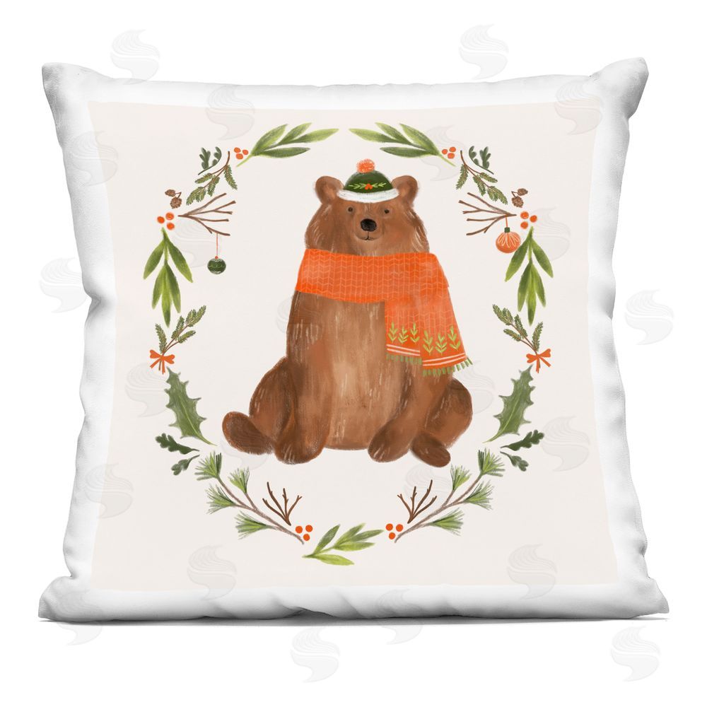 Laura Konyndyk Holiday Bear Wreaf Printed Plush Polyester Throw Pillow