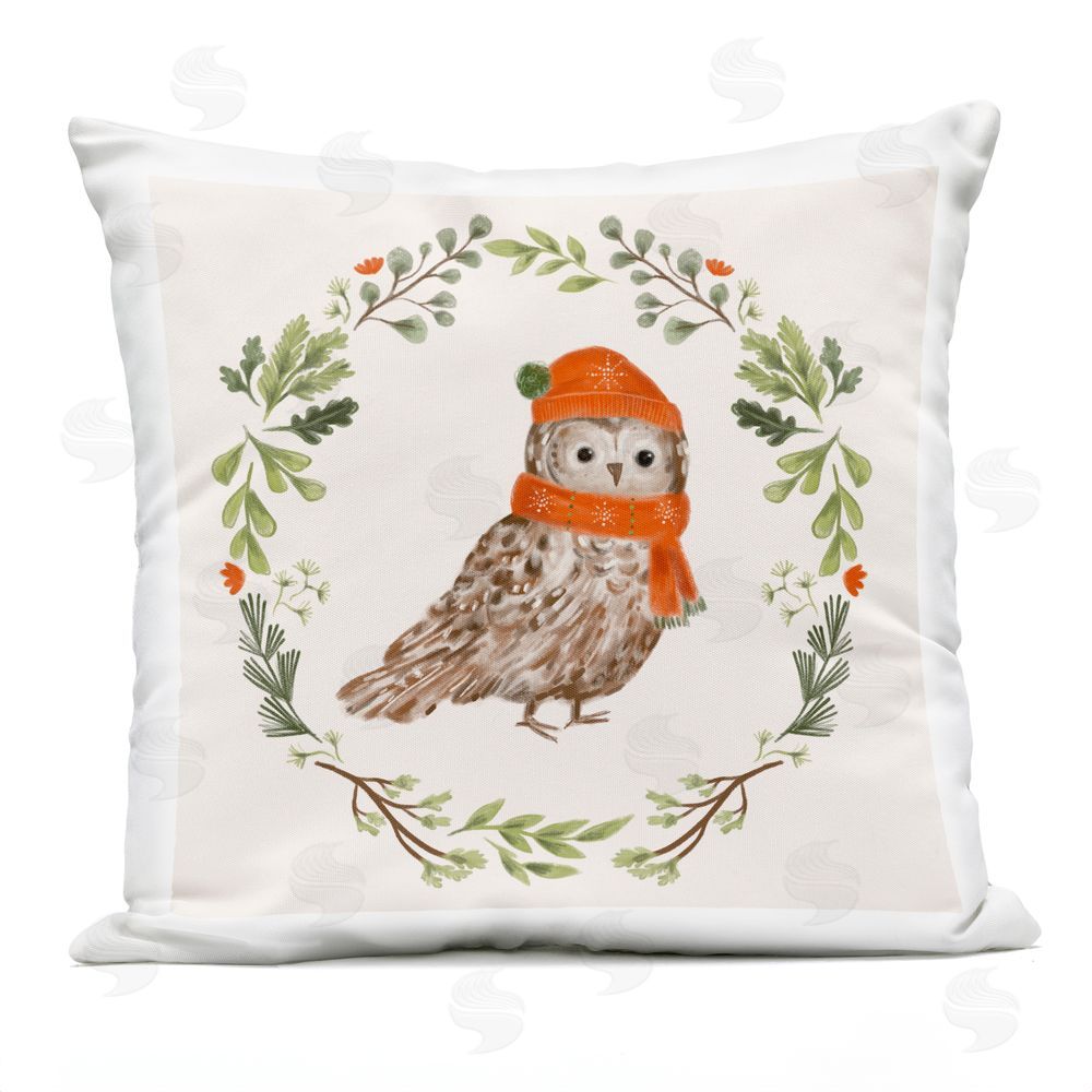 Laura Konyndyk Holiday Owl Wreaf Outdoor Quick-Dry Polyester Printed Throw Pillow