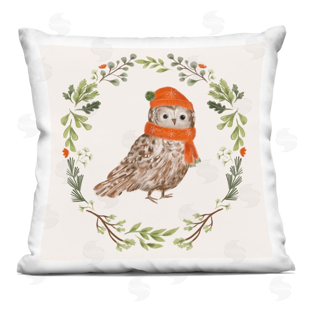 Laura Konyndyk Holiday Owl Wreaf Printed Plush Polyester Throw Pillow