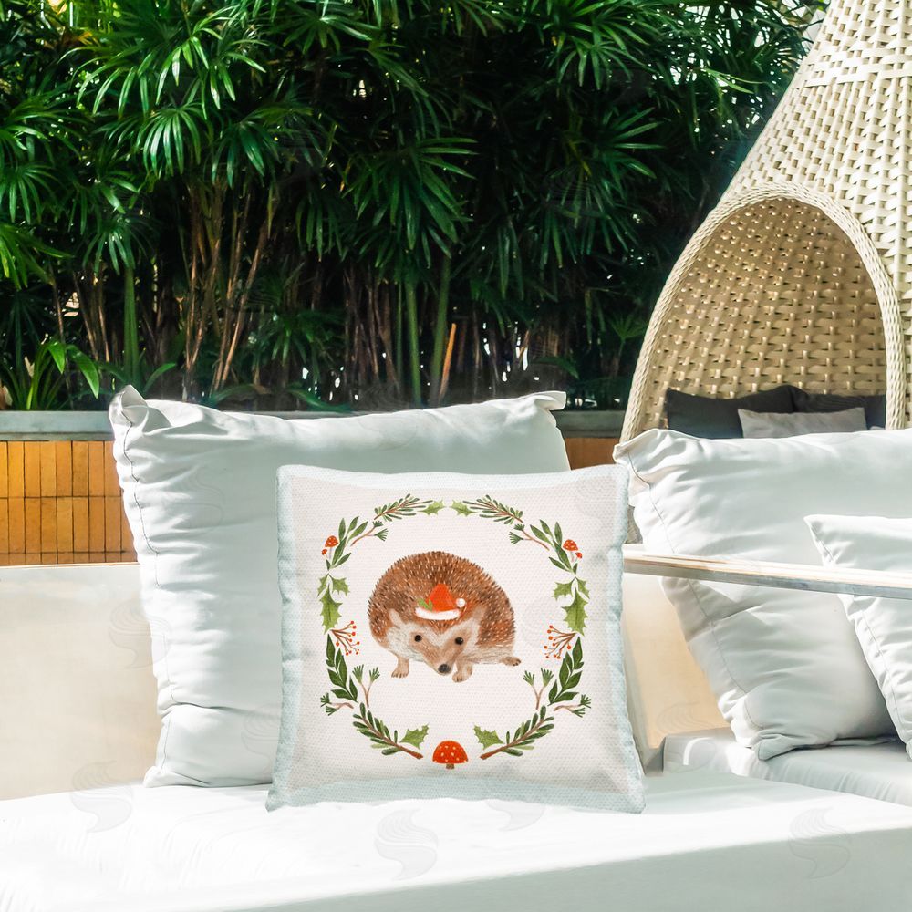 Laura Konyndyk Holiday Hedgehog Wreaf Outdoor Quick-Dry Polyester Printed Throw Pillow in Back Yard