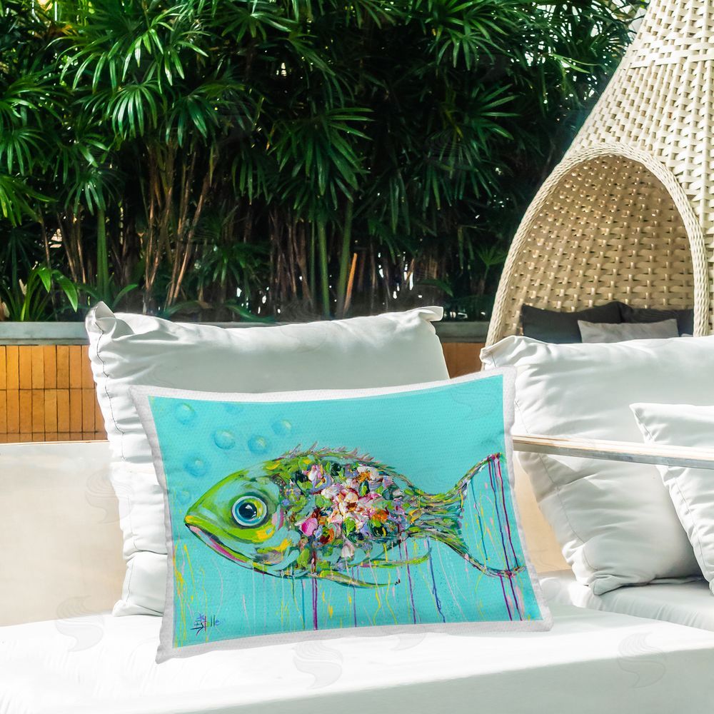 Estelle Grengs Painterly Drip Fish Outdoor Quick-Dry Polyester Printed Throw Pillow in Back Yard