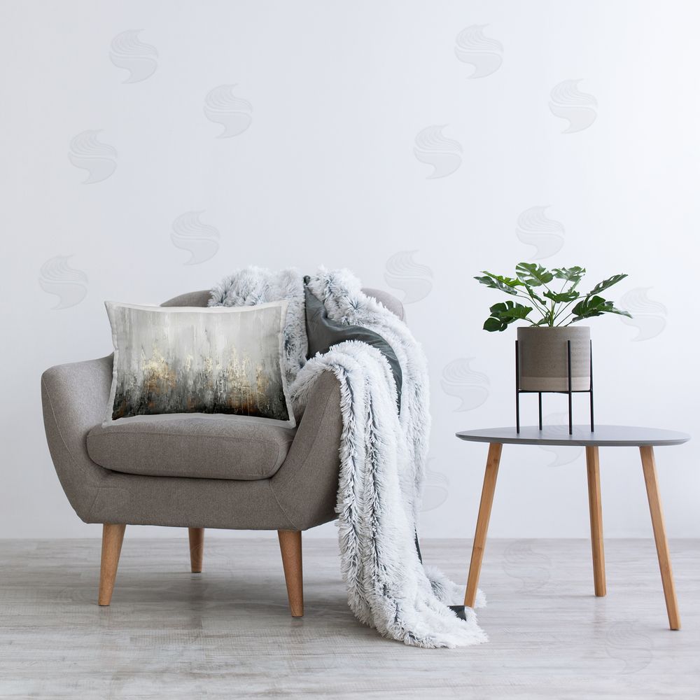 LSR Design Studio Grey Silver Abstract Drip Printed Plush Polyester Throw Pillow On Chair