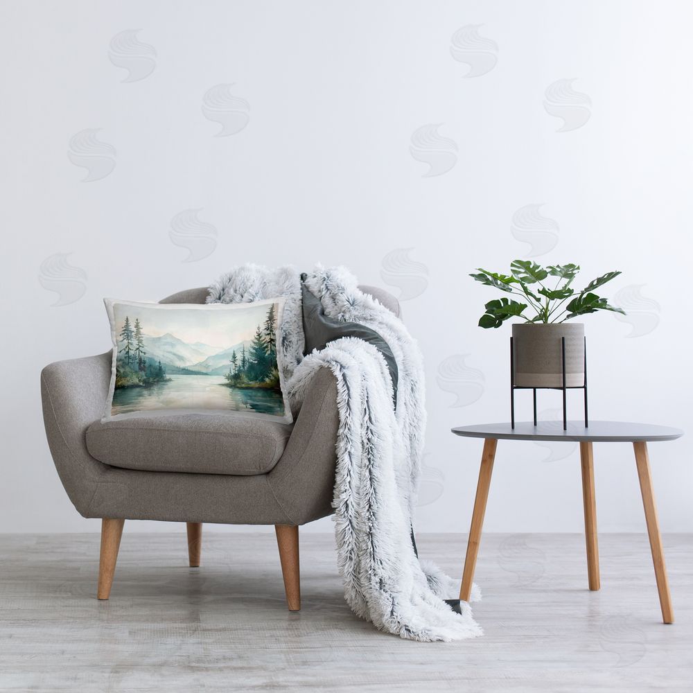 LSR Design Studio Mountain Lake in Springtime Printed Plush Polyester Throw Pillow On Chair